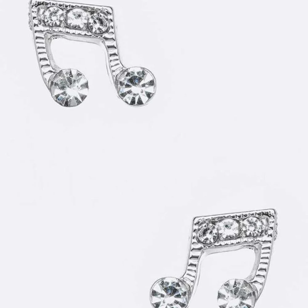 NEW TRENDY RHODIUM SMALL DAINTY CRYSTAL MUSIC NOTE STUDS